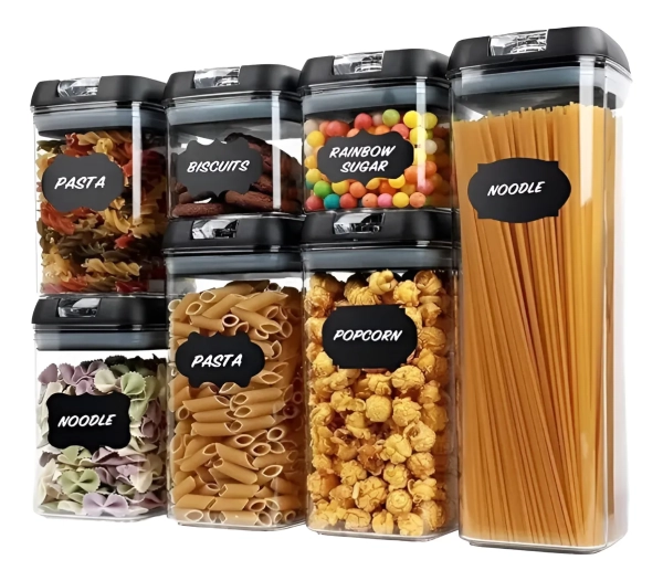 Kit 7 Potes Mantimentos Quadrado Cozinha Tampa De Vedação